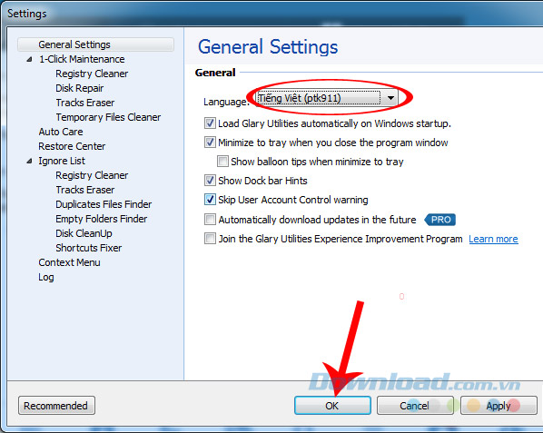 Chọn ngôn ngữ cho Glary Utilities Pro