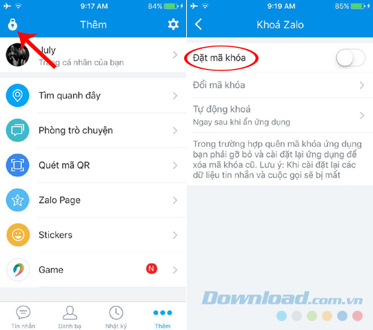 Đặt mã khóa ứng dụng