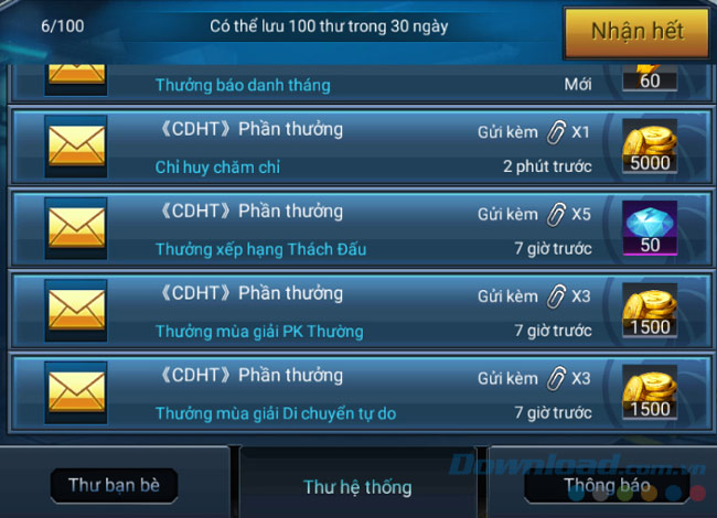 Nhận thưởng vàng từ hệ thống