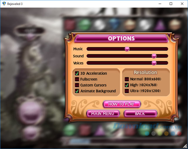 Tùy chọn thông số chơi game Bejeweled