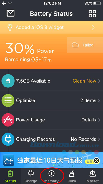 Nhấn vào thẻ Memory