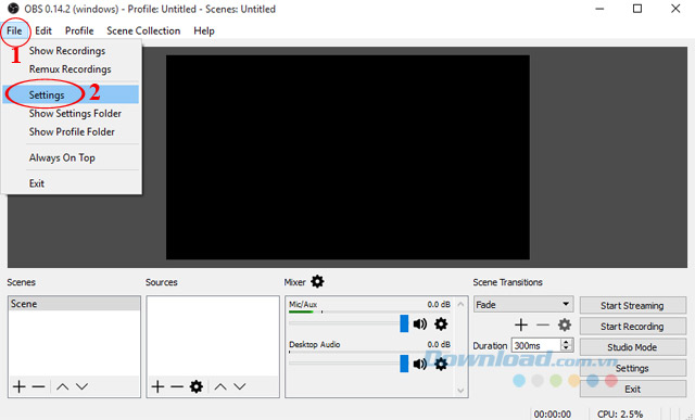 Giao diện chính của OBS Studio Giao diện chính của OBS Studio