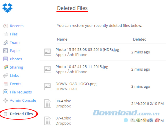 Danh sách các file đã xóa Danh sách các file đã xóa