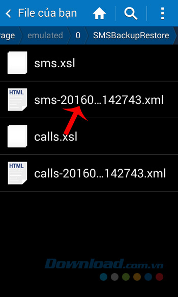 Tập tin SMS sau khi sao lưu