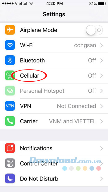 Cài đặt Cellular Cài đặt Cellular