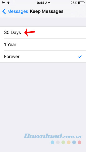 Lựa chọn thời gian gữ lại tin nhắn