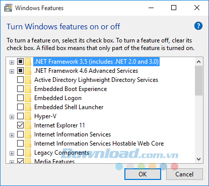 Hộp thoại Windows Feature
