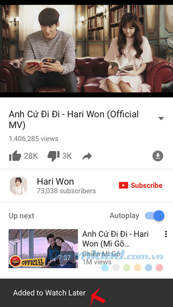 Thông báo đã thêm vào danh sách xem sau thành công