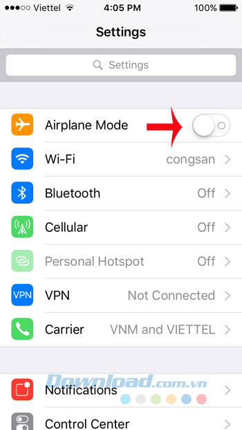 Tắt chế độ máy bay Tắt chế độ máy bay