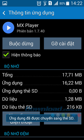 Chuyển sang thẻ nhớ thành công