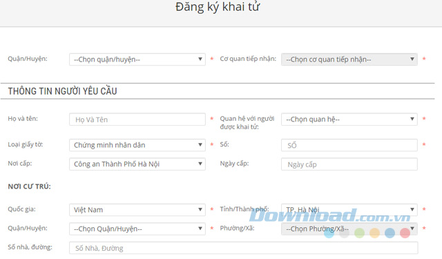 Điền thông tin đăng ký khai tử