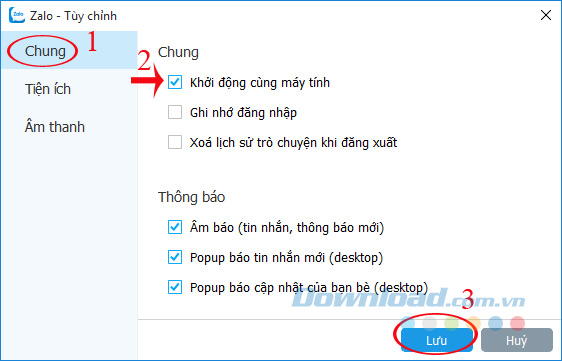 Zalo khởi động cùng máy tính Zalo khởi động cùng máy tính
