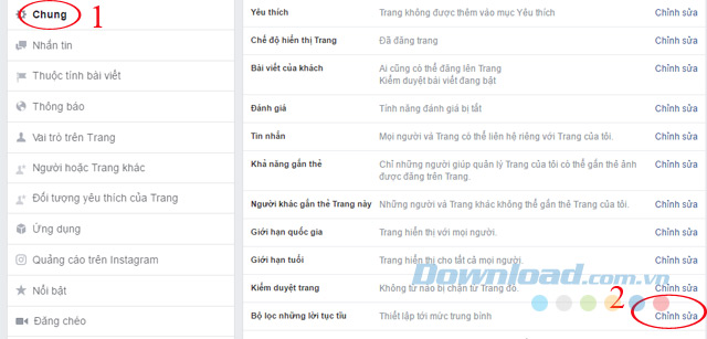 Vào phần Cài đặt chung trên Fanpage Vào phần Cài đặt chung trên Fanpage
