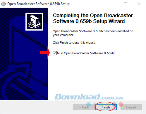 Kết thúc cài đặt Open Broadcaster