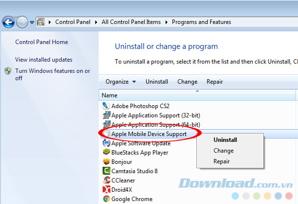 gỡ bỏ Apple Mobile Deviece Support