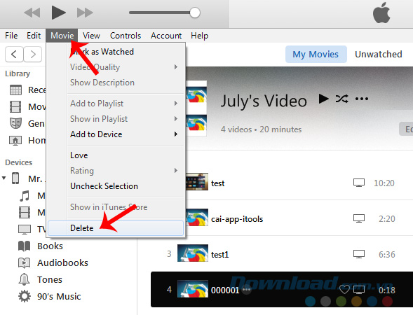 xóa bằng thẻ Menu