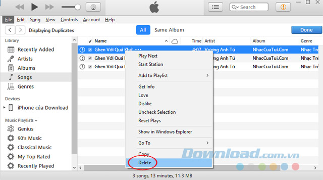 Xóa bài hát trùng