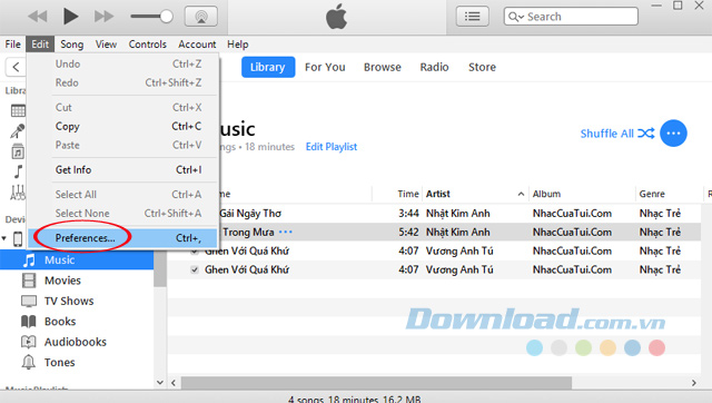 Vào mục Preferences