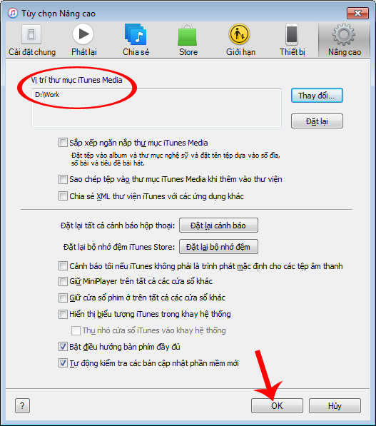 Xác nhận vị trí lưu file media mới cho iTunes