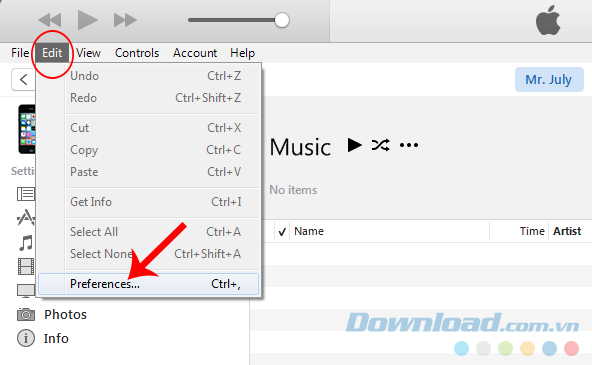 Chọn thẻ Edit / Sửa trên giao diện chính của iTunes