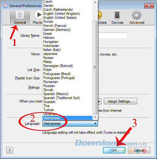 Chọn ngôn ngữ mới cho iTunes