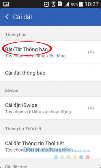Bật/tắt thông báo Bật/tắt thông báo