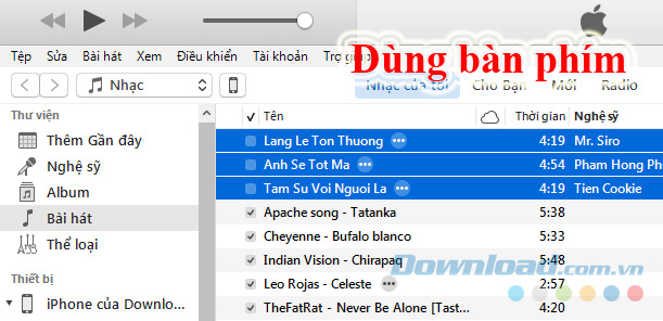 Xóa nhạc iPhone bằng bàn phím