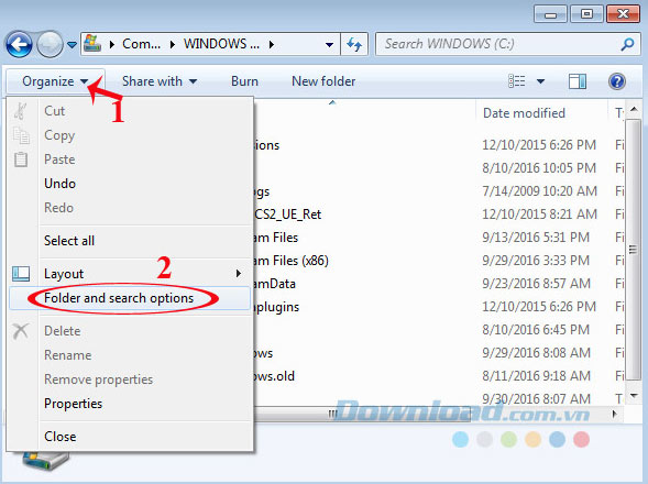 Nhấn vào Organize Nhấn vào Organize