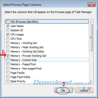 Tích chọn ô Memory - Private Working Set Tích chọn ô Memory - Private Working Set