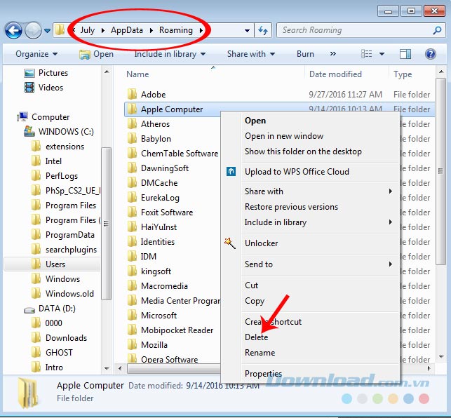 Xóa Apple computer trong Roaming