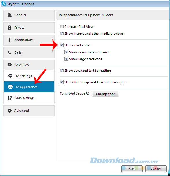 Tick chọn Show emoticons
