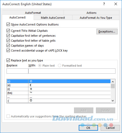 Hộp thoại AutoCorrect Hộp thoại AutoCorrect