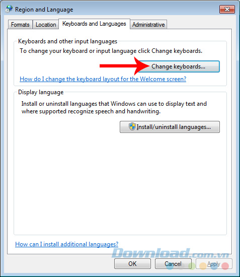 Chọn mục Change keyboards Chọn mục Change keyboards