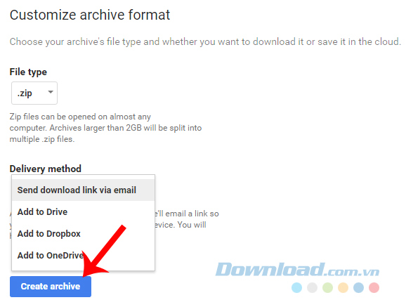 Chọn Create archive