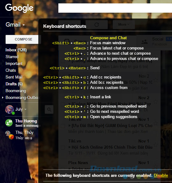 Bảng danh sách phím tắt Gmail