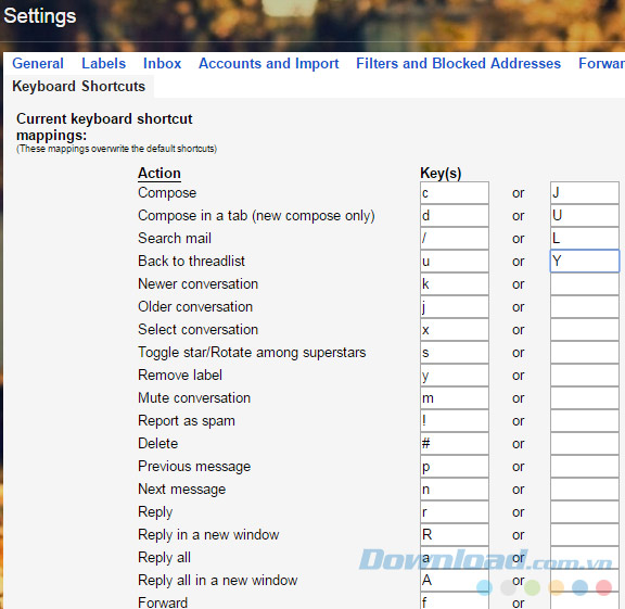 Thiết lập lại phím tắt