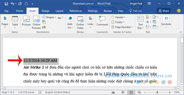 Ngày tháng được chèn vào văn bản Ngày tháng được chèn vào văn bản