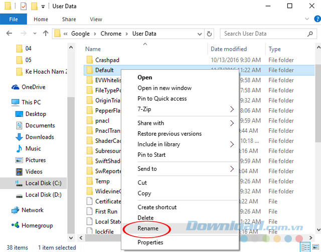 Đổi tên thư mục Default Đổi tên thư mục Default