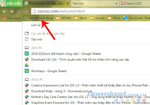 Mở lại các tab đã đóng