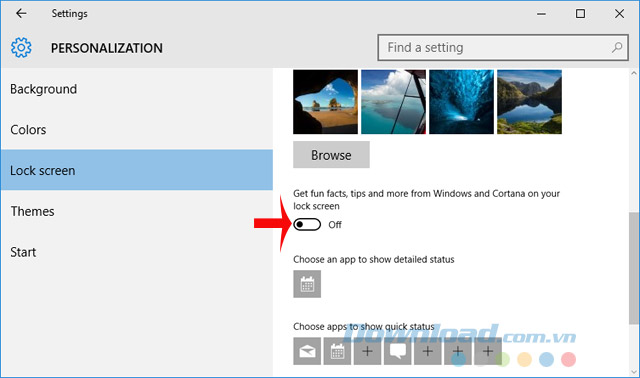 Tắt lựa chọn "Get fun facts, tips, and more from Windows and Cortana on your lock screen"