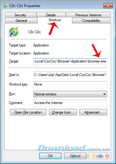 Chọn mục Shortcut