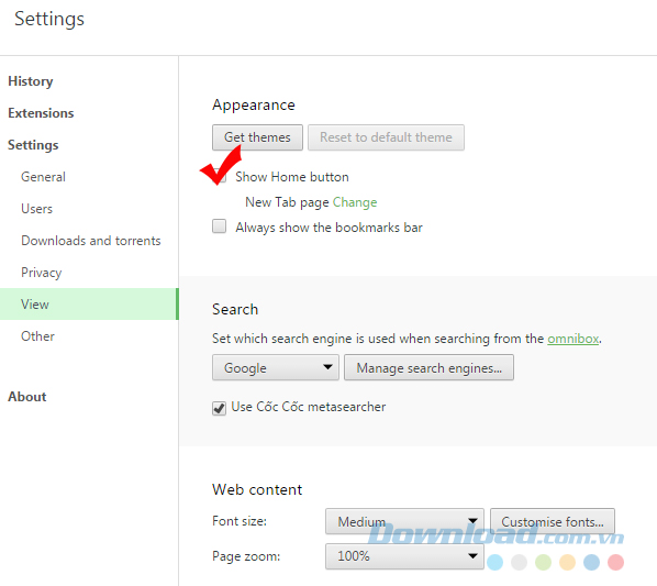 Tick vào Show home button