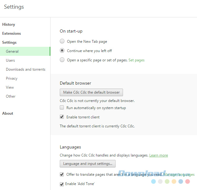 Giao diện cài đặt Cốc Cốc