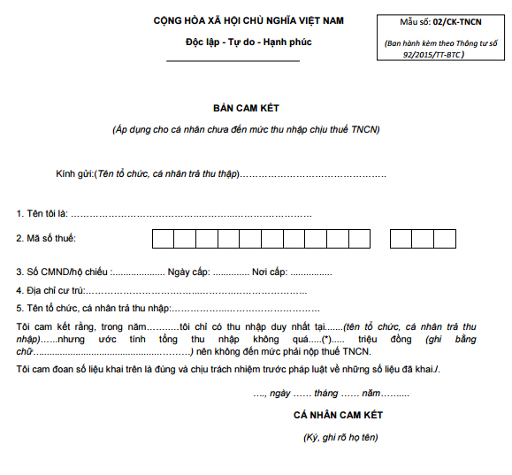 Mẫu bản cam kết không khấu trừ 10% thuế thu nhập cá nhân