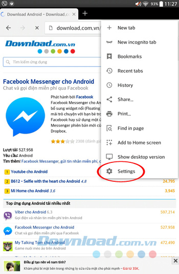Nhấn vào Settings