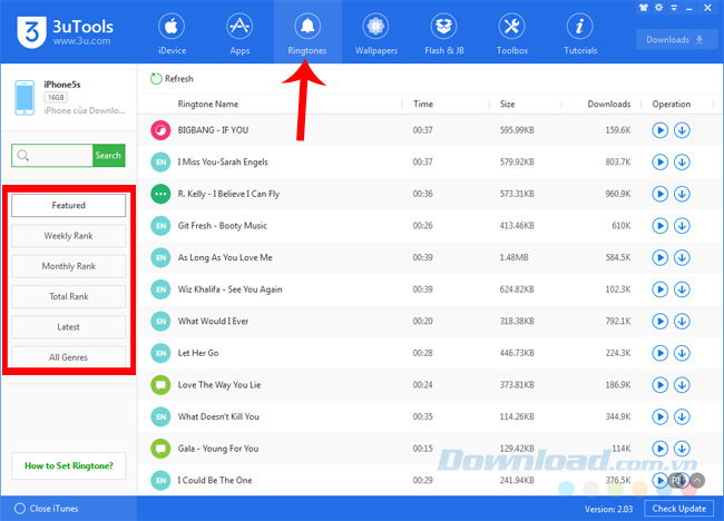 Vào danh sách nhạc chuông có sẵn