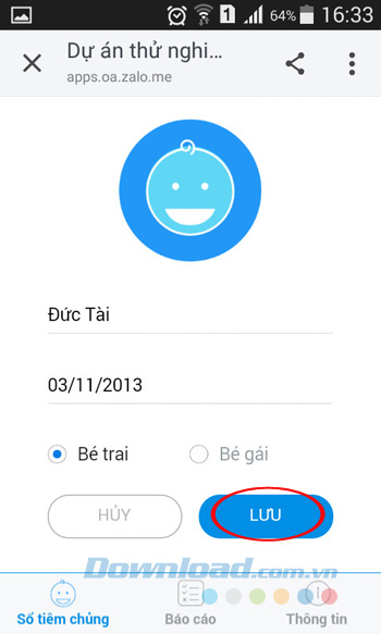 Nhập thông tin của bé