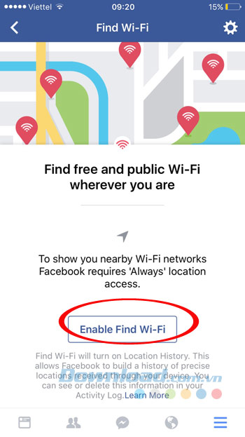Kích hoạt chế độ tìm wifi