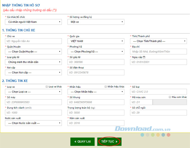 Nhập thông tin đăng ký xe ô tô