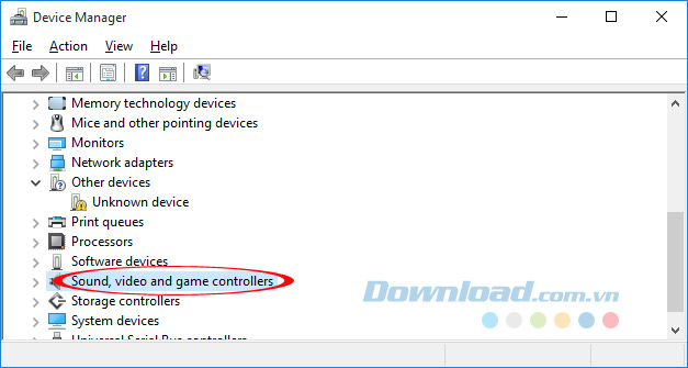 Nhấn vào Sound, video and game controllers